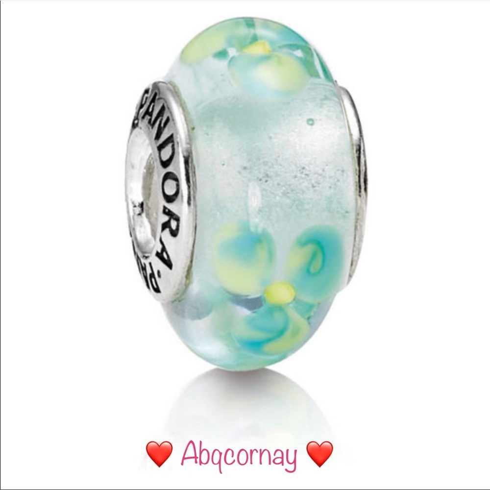 EUC Pandora 790607 Sterling Silver Clear Teal Murano Glass Flowers Charm